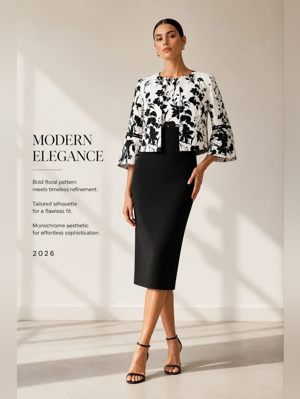 Danny & Nicole Black and White Floral Pencil Dress Suit